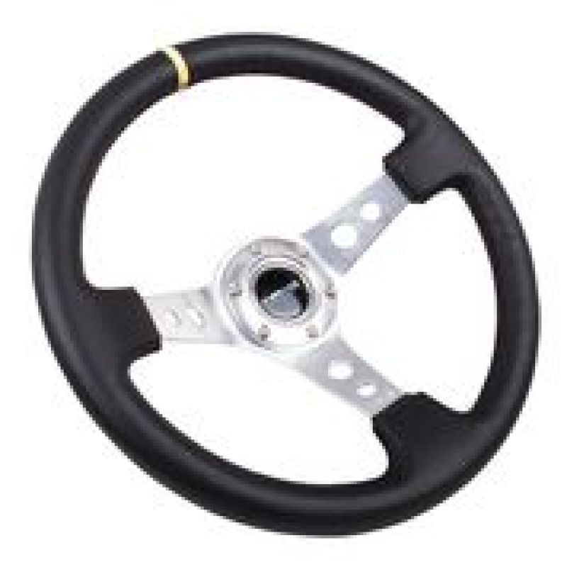 NRG Reinforced Steering Wheel Black Leather 350mm Deep Circle Cut Spokes Yellow CM