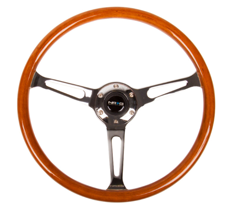 NRG Steering Wheel Classic Wood Grain with Chrome Cutout 360mm 3-Spoke - OneFastShop
