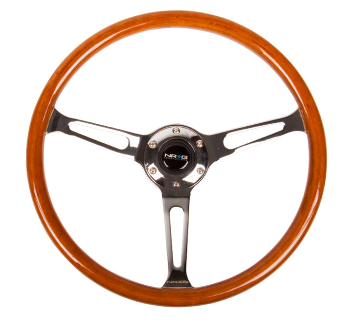 NRG Steering Wheel Classic Wood Grain with Chrome Cutout 360mm 3-Spoke - OneFastShop