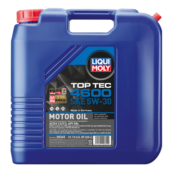 LIQUI MOLY 20L Top Tec 4600 SAE 5W30 Motor Oil - BMW, Acura, Audi, Chevrolet, Dodge - OneFastShop