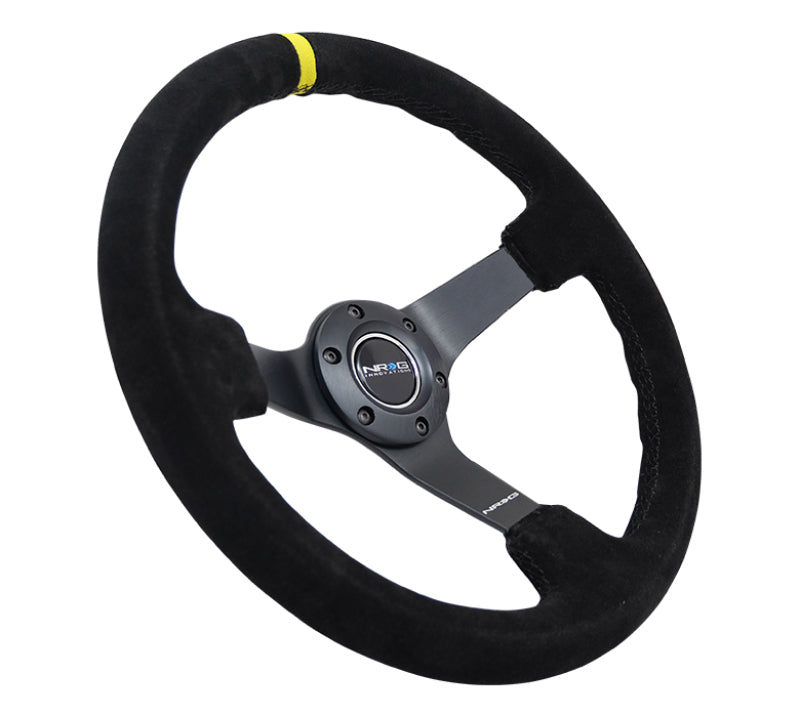 NRG Reinforced Steering Wheel with Blk Suede/X-Stitch (350mm / 3in. Deep) - Black Spoke & Yellow CM