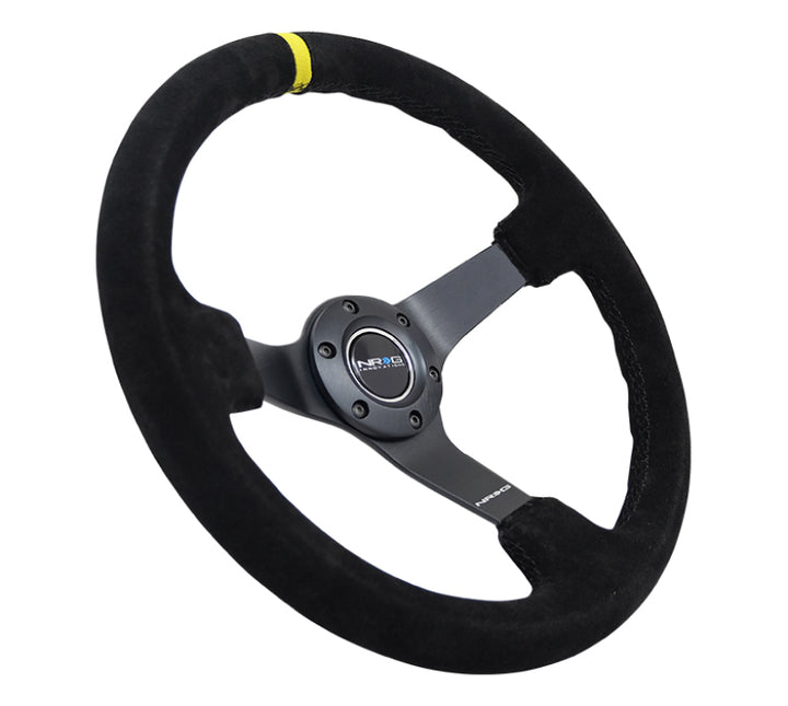 NRG Reinforced Steering Wheel with Blk Suede/X-Stitch (350mm / 3in. Deep) - Black Spoke & Yellow CM