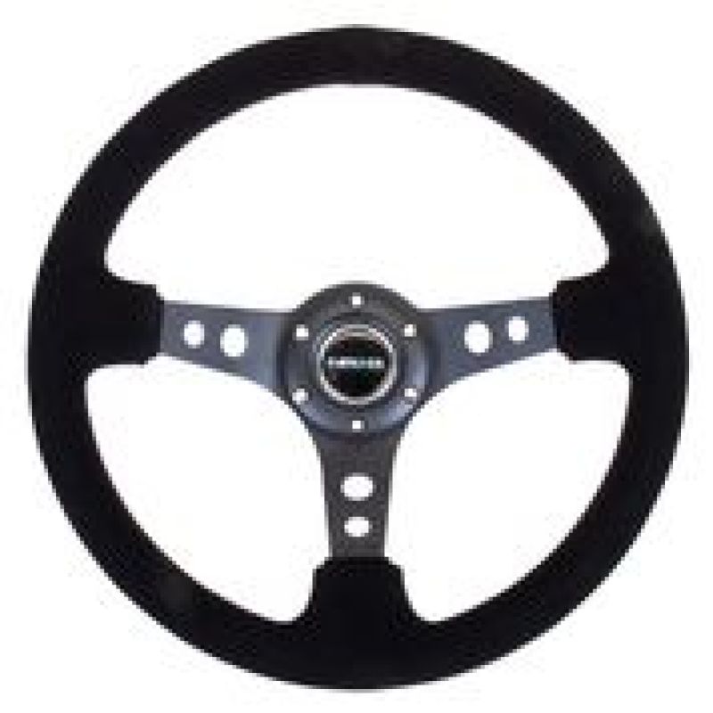 Nrg Reinforced Steering Wheel with Blk Suede/Blk Stitch (350mm Diameter, 3in. Deep) - Black Circle Cutout Spokes