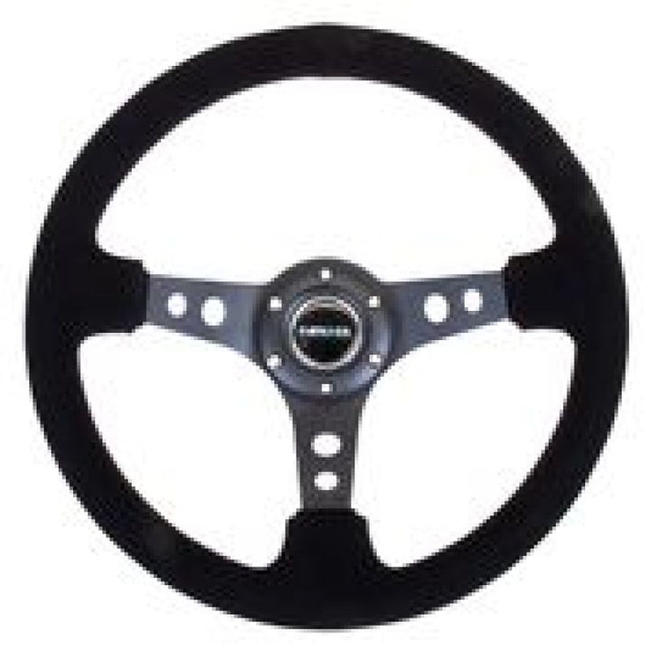Nrg Reinforced Steering Wheel with Blk Suede/Blk Stitch (350mm Diameter, 3in. Deep) - Black Circle Cutout Spokes - OneFastShop