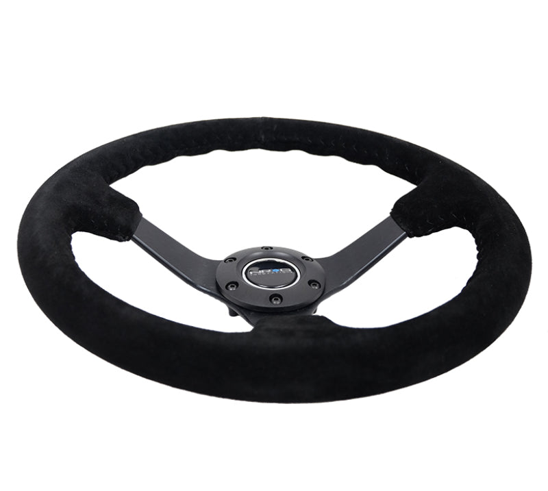 NRG Reinforced Steering Wheel - Blk Suede/Blk Bball Stitch (350mm / 3in. Deep)