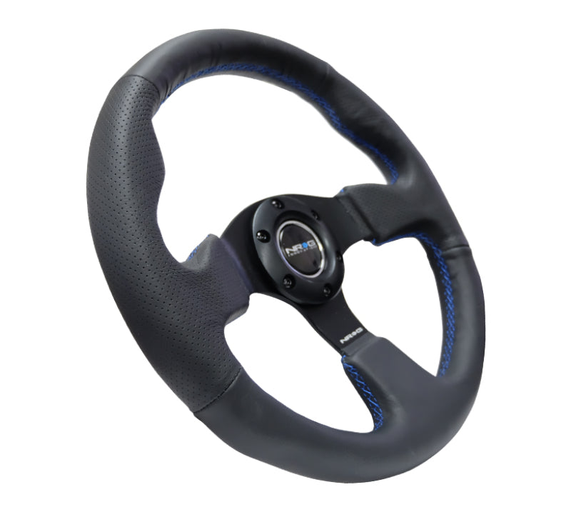 NRG Reinforced Steering Wheel Black Leather with Blue Stitching (320mm) - Vehicle Compatibility Not Provided - OneFastShop
