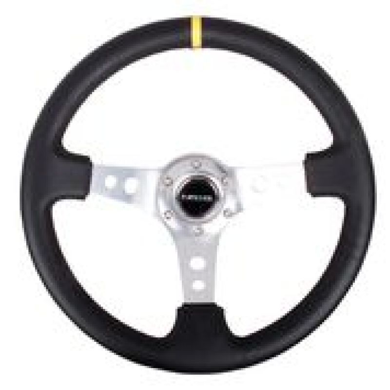 NRG Reinforced Steering Wheel Black Leather 350mm Deep Circle Cut Spokes Yellow CM