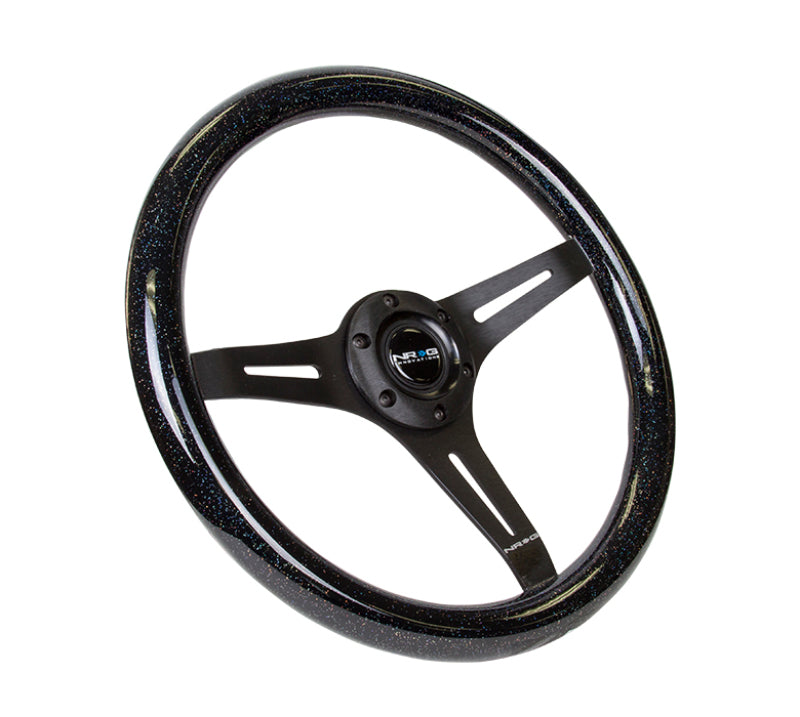 NRG Classic Wood Grain Steering Wheel 350mm Black Sparkled Grip Black 3-Spoke - Compatible with Most Vehicles