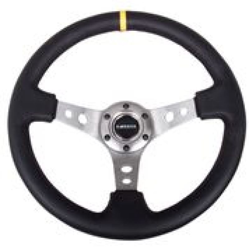 NRG Reinforced Steering Wheel with Black Leather/Gunmetal Spoke - 350mm - Yellow CM - OneFastShop