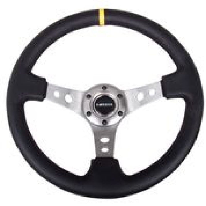 NRG Reinforced Steering Wheel with Black Leather/Gunmetal Spoke - 350mm - Yellow CM - OneFastShop