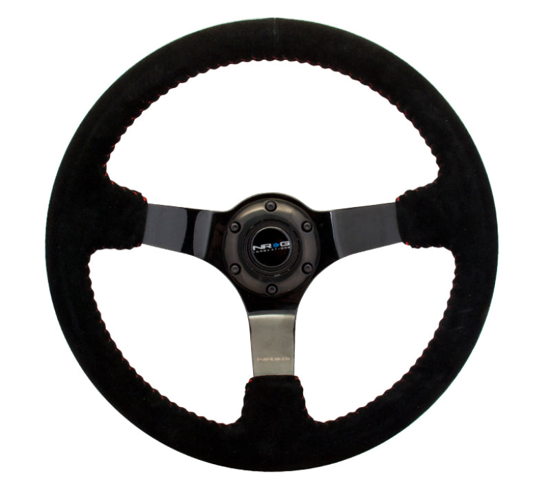 NRG Reinforced Steering Wheel 350mm/3in Deep Black Suede Red BBall Stitch Black 3-Spoke - OneFastShop