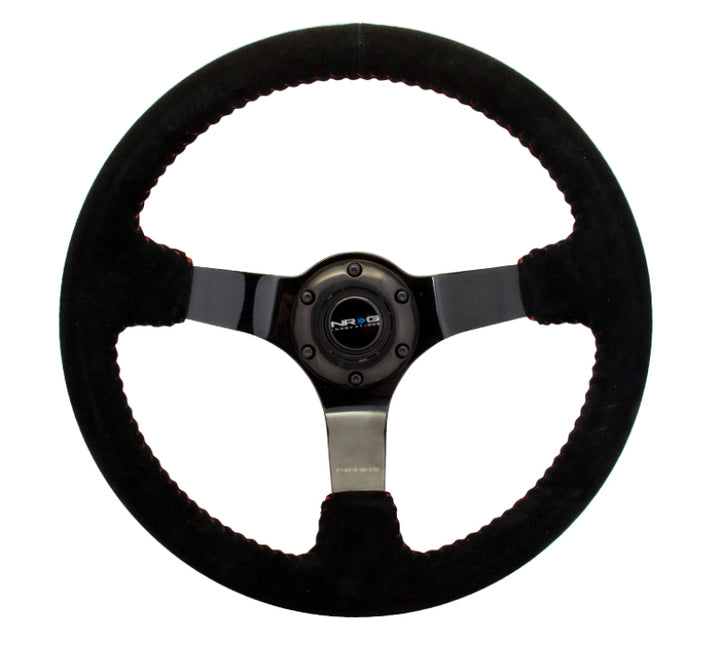 NRG Reinforced Steering Wheel 350mm/3in Deep Black Suede Red BBall Stitch Black 3-Spoke - OneFastShop