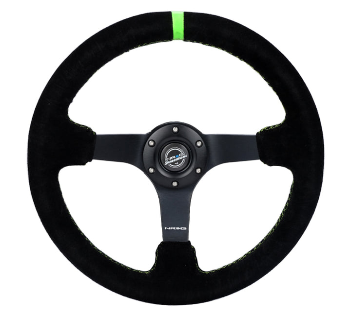 NRG Steering Wheel Deep Blk Suede Neon Green Stitch 350mm/3in. Spoke - OneFastShop