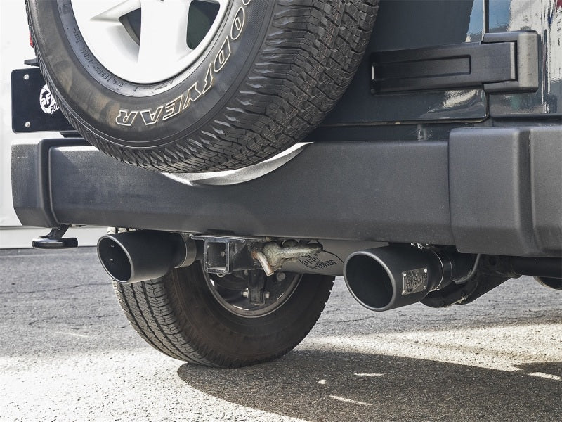 aFe Rebel Series 2.5in 409 Stainless Steel Cat-Back Exhaust - Jeep Wrangler (JK) 3.6L / 3.8L 2007-2018 - Black Tips, view 2