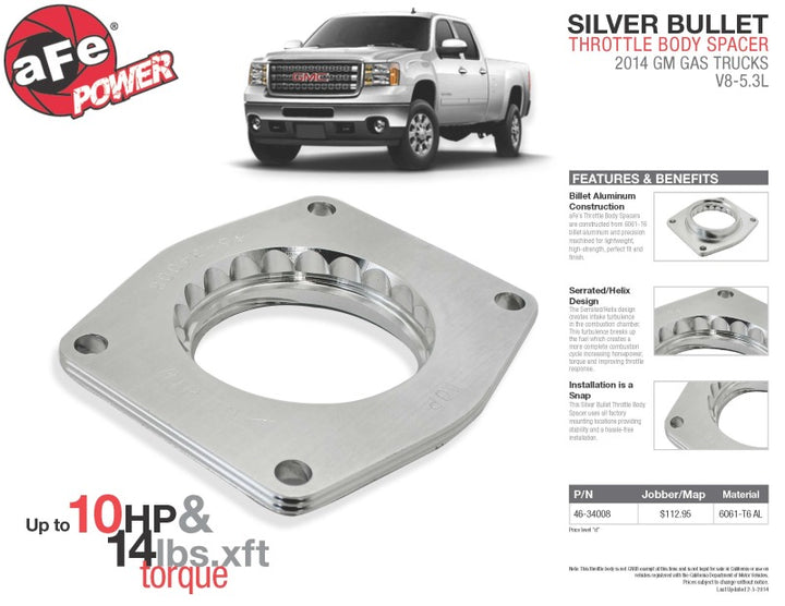 aFe Silver Bullet Throttle Body Spacer - Chevrolet Silverado / Tahoe / Suburban / GMC Sierra / Yukon 5.3L V8 2014-2026, view 3