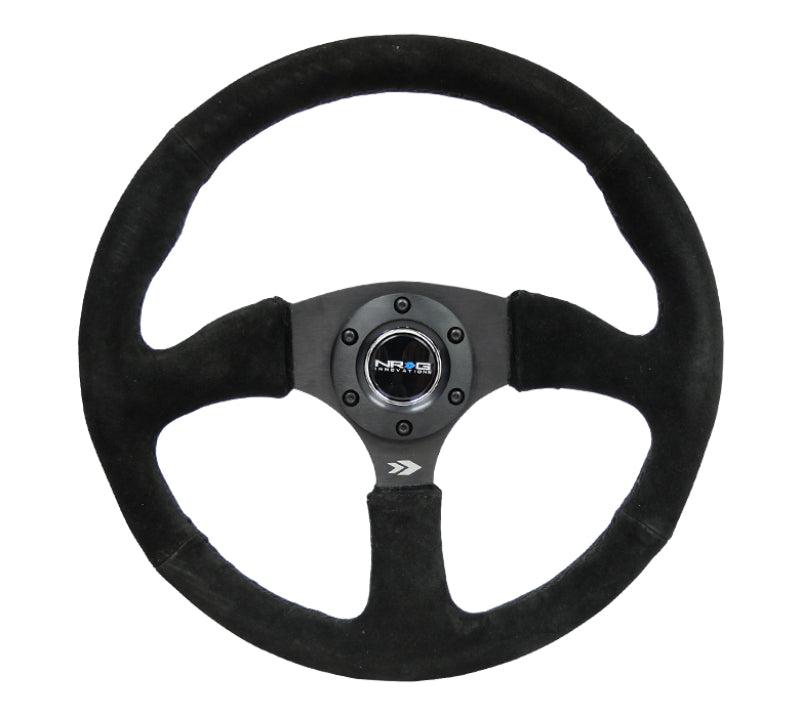 Nrg Reinforced Steering Wheel with Blk Suede Comfort Grip (350mm / 2.5in. Deep) - 5mm Matte Blk Spokes - OneFastShop