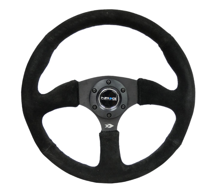 Nrg Reinforced Steering Wheel with Blk Suede Comfort Grip (350mm / 2.5in. Deep) - 5mm Matte Blk Spokes - OneFastShop