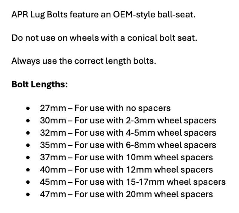 APR Lug Bolts - Ball Seat 40mm for 12mm Wheel Spacers - Black - Set of 10, installation instructions