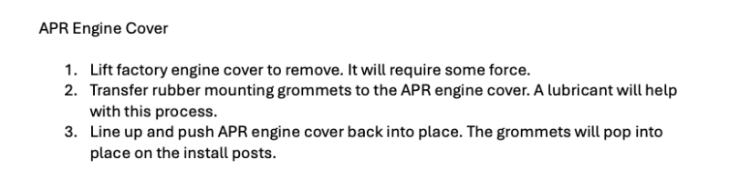 APR Twill Carbon Fiber Engine Cover - Audi / Volkswagen EA888.4 (8Y/MK8) 2022-2026, installation instructions