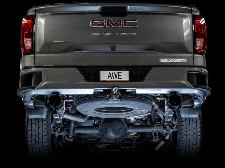 AWE 0FG Diamond Black Tip Split Rear Exit Cat-Back Exhaust (Flat Bumper) - Chevrolet Silverado / GMC Sierra 1500 5.3L 2019-2026, view 2