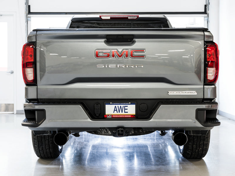 AWE 0FG Diamond Black Tip Split Rear Exit Cat-Back Exhaust (Flat Bumper) - Chevrolet Silverado / GMC Sierra 1500 5.3L 2019-2026, view 3