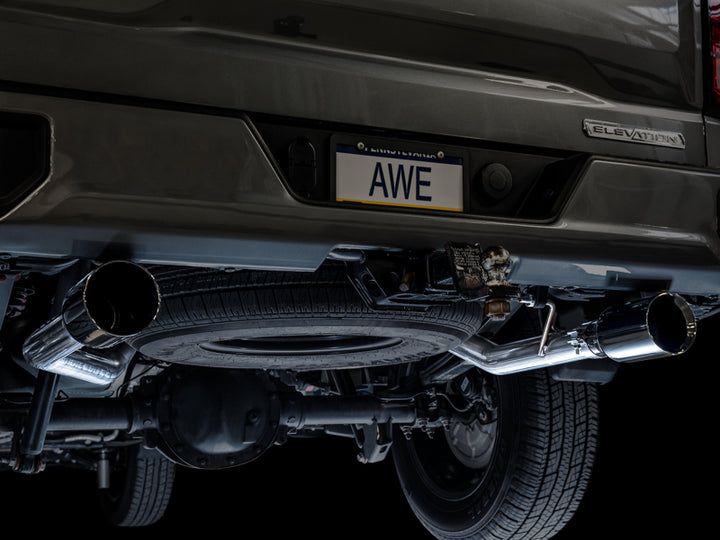 AWE 0FG Diamond Black Tip Split Rear Exit Cat-Back Exhaust (Flat Bumper) - Chevrolet Silverado / GMC Sierra 1500 5.3L 2019-2026, view 8