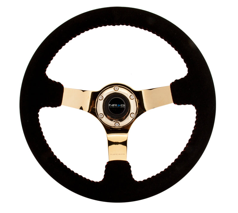 NRG Steering Wheel Reinforced 350mm 3in Deep Black Suede Red BBall Stitch Chrome Gold 3-Spoke