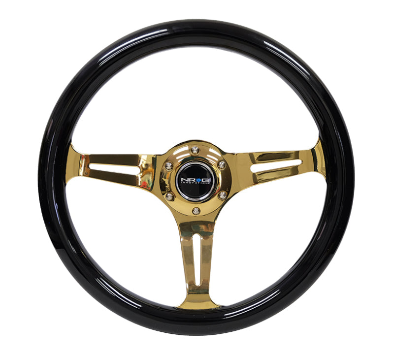 NRG Classic Wood Grain Steering Wheel 350mm Black Grip with Chrome Gold 3-Spoke - Universal - OneFastShop