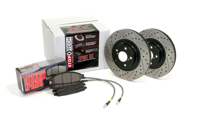 StopTech Sport Axle Pack, Drilled & Slotted Front Rotors, Sport Pads, Stainless Steel Lines - Fits Year Make Model - OneFastShop