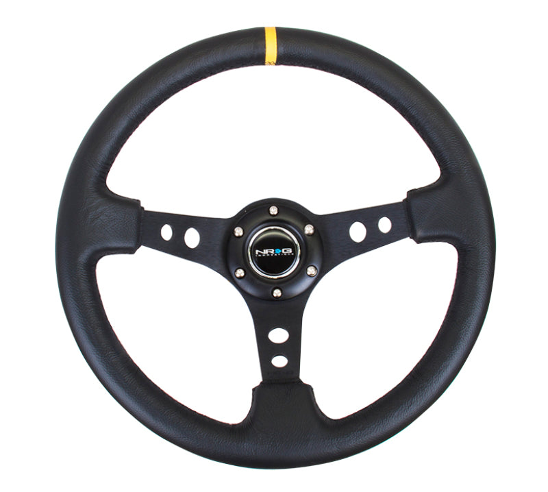 NRG Steering Wheel 350mm 3in Deep Black Leather with Black Cutout Spoke Yellow Center - Compatible with Various Vehicles - OneFastShop