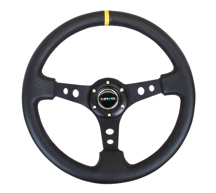 NRG Steering Wheel 350mm 3in Deep Black Leather with Black Cutout Spoke Yellow Center - Compatible with Various Vehicles - OneFastShop