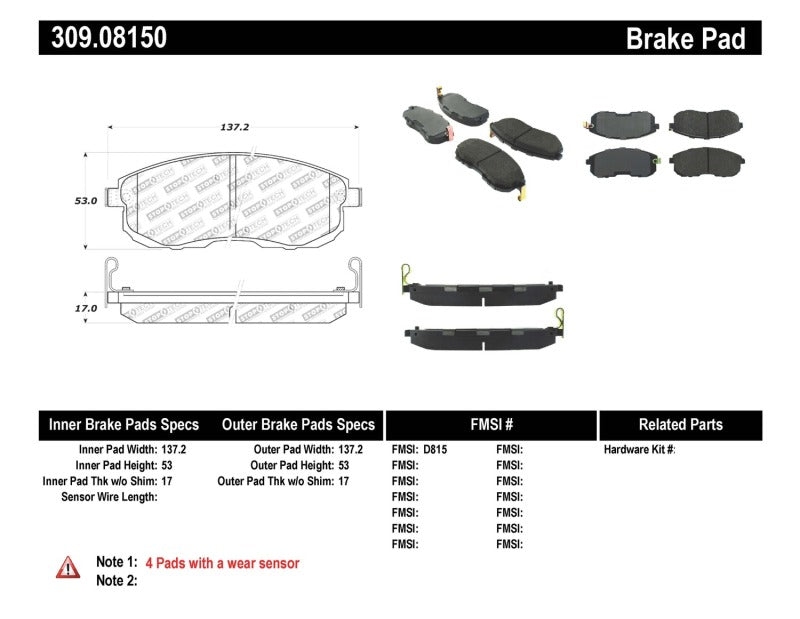 StopTech Performance Front Brake Pads for 02-05 Infiniti G35, 07-09 Nissan Altima/Sentra, 02-05 350Z - High Heat Resistance - OneFastShop