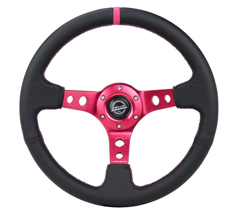 NRG Reinforced Steering Wheel 350mm/3in Black Leather Fushia Center Mark Fushia Stitching