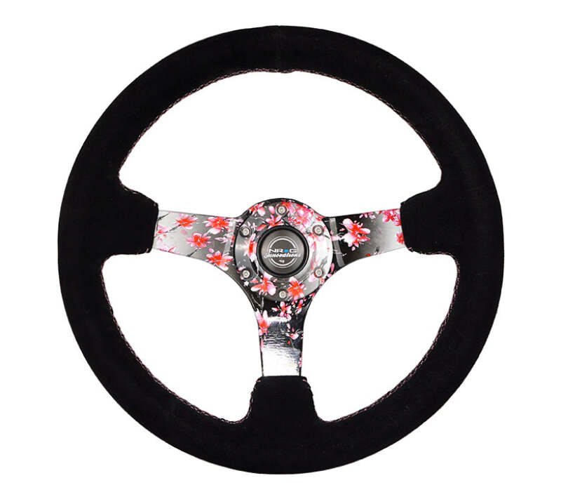 NRG Reinforced Steering Wheel - 350mm 3in Deep Sakura Floral Black Suede with Pink Stitch
