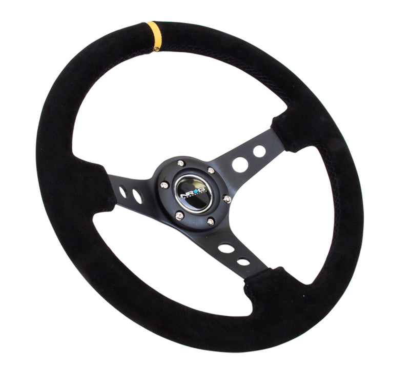 NRG Reinforced Steering Wheel with Black Suede and Yellow Center Marker (350mm / 3in. Deep) - OneFastShop