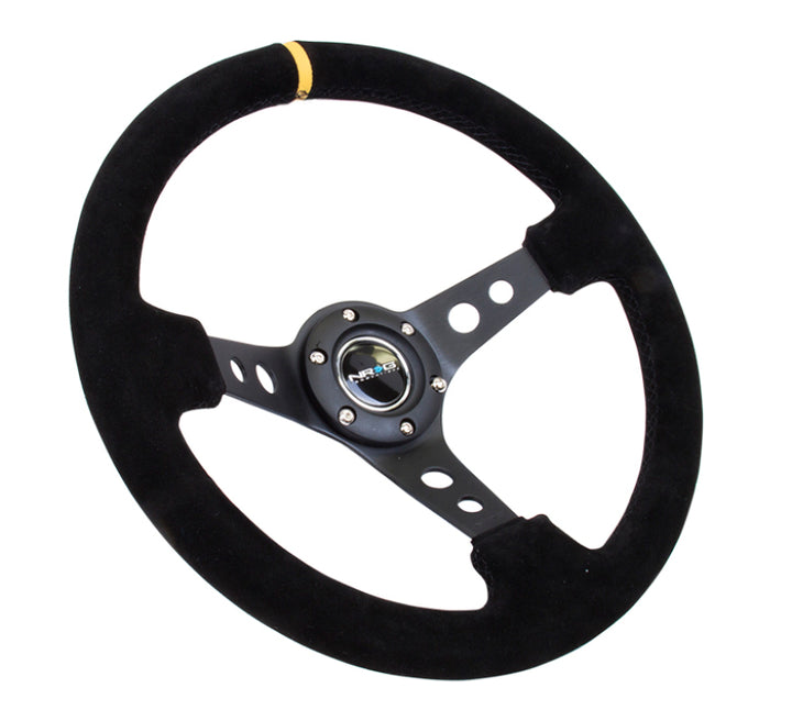 NRG Reinforced Steering Wheel with Black Suede and Yellow Center Marker (350mm / 3in. Deep) - OneFastShop