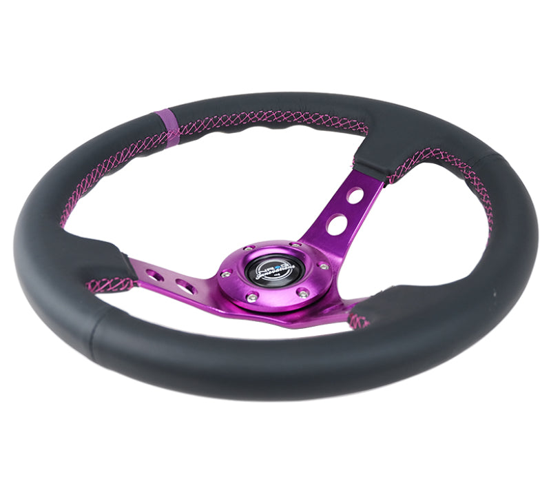 NRG Steering Wheel Reinforced Black Leather 350mm 3in Deep Purple Center & Stitching - Vehicle Compatibility (If available)