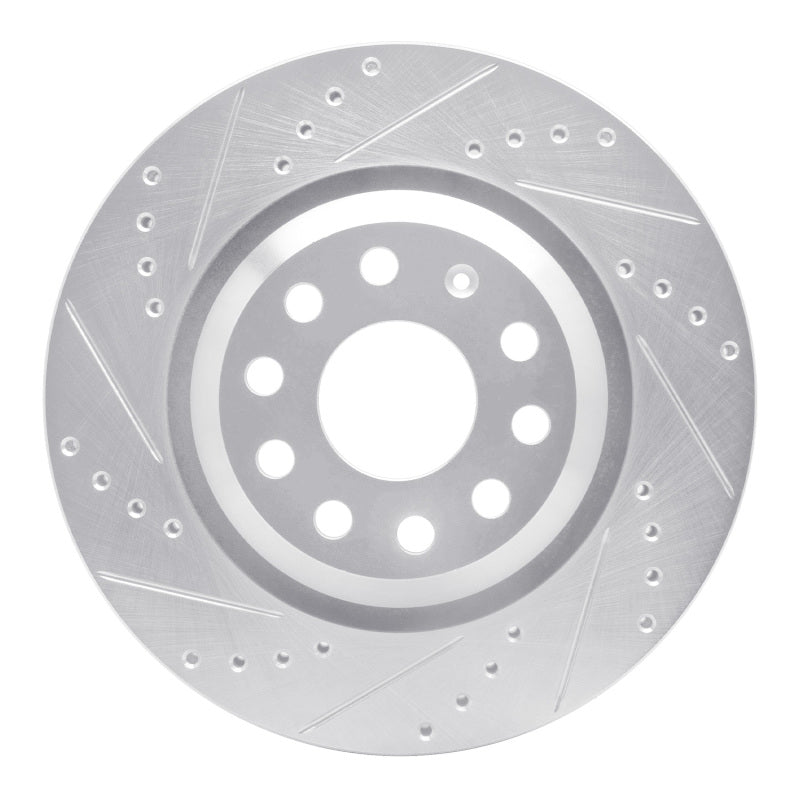 R1 Concepts eLine Silver Rear Left Drilled & Slotted Brake Rotor - VW GTI / Golf R / Audi S3 2006-2026