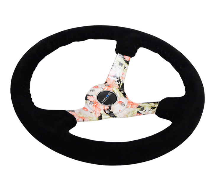 NRG Reinforced Steering Wheel Black Suede Floral Dipped with Black Baseball Stitch (350mm / 3in Deep) - OneFastShop
