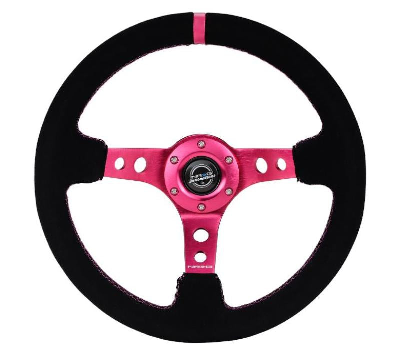 NRG Reinforced Steering Wheel (350mm/ 3in. Deep) Black Suede Fushia Stitching
