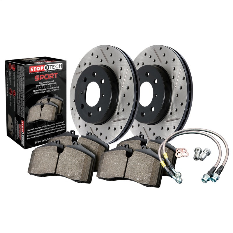 Stoptech Sport Axle Pack Rear Drilled and Slotted Rotors Pads Stainless Steel Lines OEM Fit - OneFastShop