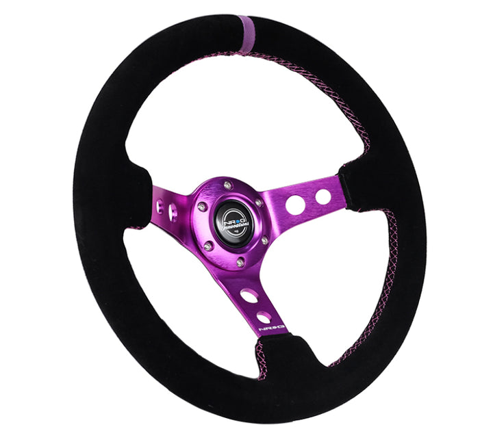 NRG Steering Wheel Reinforced Black Suede 350mm 3in Deep Purple Center Purple Stitching - OneFastShop