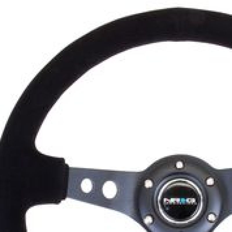 Nrg Reinforced Steering Wheel with Blk Suede/Blk Stitch (350mm Diameter, 3in. Deep) - Black Circle Cutout Spokes