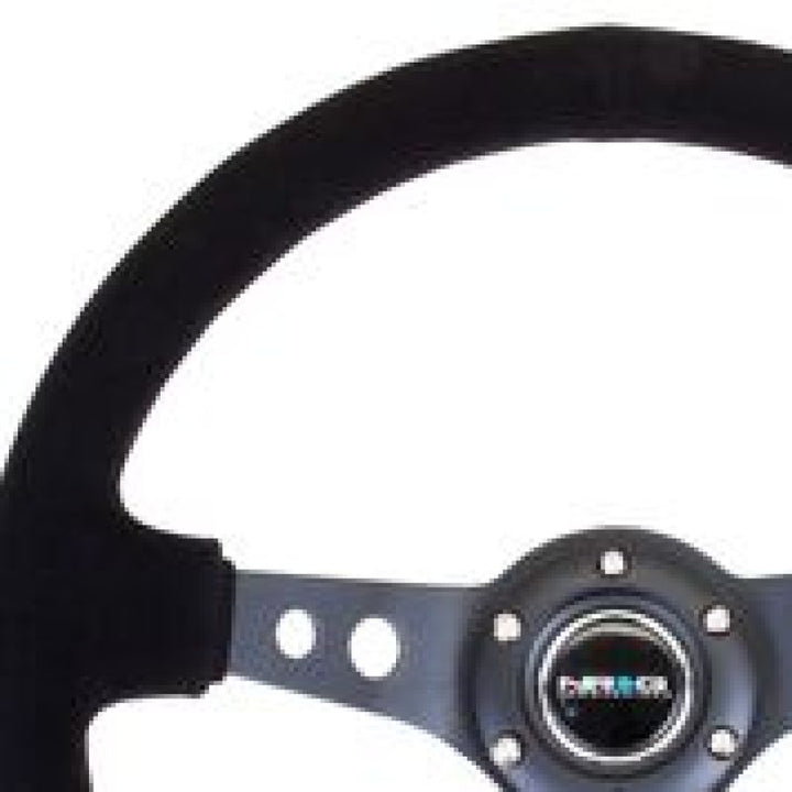 Nrg Reinforced Steering Wheel with Blk Suede/Blk Stitch (350mm Diameter, 3in. Deep) - Black Circle Cutout Spokes - OneFastShop