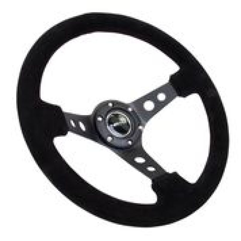 Nrg Reinforced Steering Wheel with Blk Suede/Blk Stitch (350mm Diameter, 3in. Deep) - Black Circle Cutout Spokes