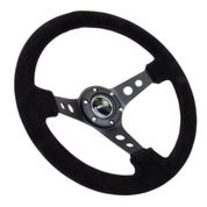 Nrg Reinforced Steering Wheel with Blk Suede/Blk Stitch (350mm Diameter, 3in. Deep) - Black Circle Cutout Spokes - OneFastShop