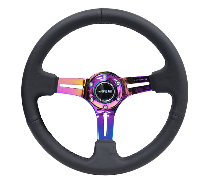NRG Reinforced Steering Wheel 350mm 3in Deep Black Leather Black Stitch with Neochrome Slits - OneFastShop