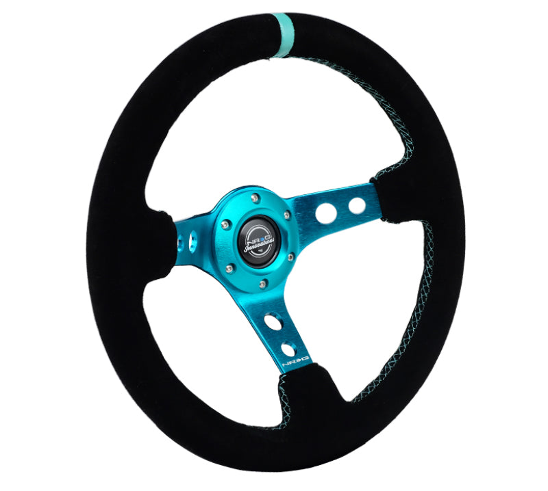 NRG Reinforced Steering Wheel with Black Suede/ Teal Center Mark - 350mm/ 3in. Deep - OneFastShop
