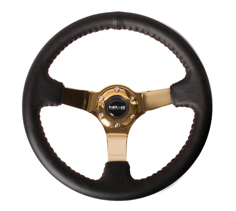 NRG Steering Wheel Reinforced 350mm 3in Deep Black Leather Red BBall Stitch 4mm Gold Spokes - OneFastShop