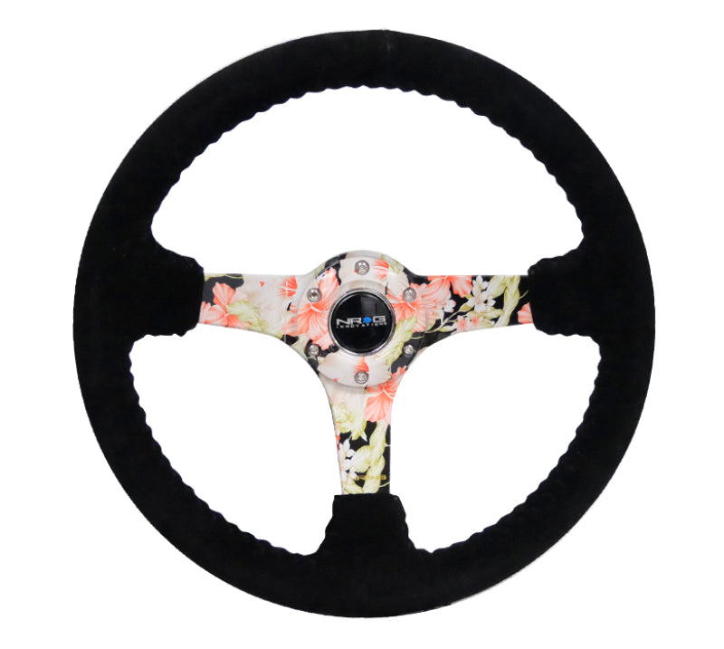 NRG Reinforced Steering Wheel Black Suede Floral Dipped with Black Baseball Stitch (350mm / 3in Deep) - OneFastShop
